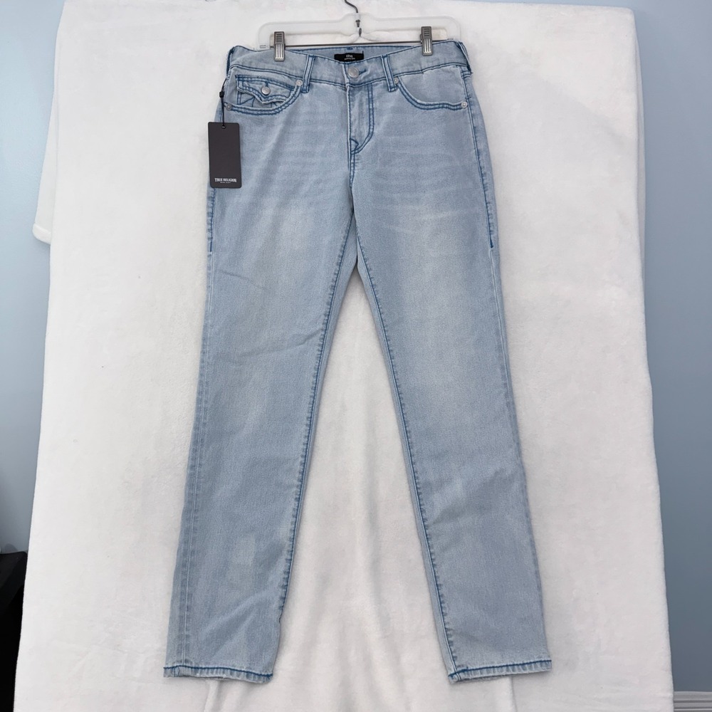 True Religion Geno Jeans Mens 30x31 Blue Big T Flap Relaxed Slim Stretch